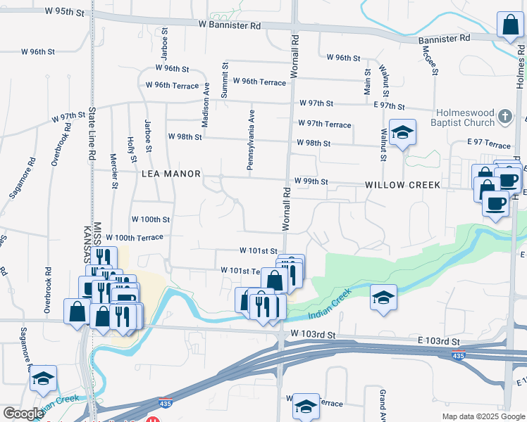 map of restaurants, bars, coffee shops, grocery stores, and more near 10000 Wornall Road in Kansas City