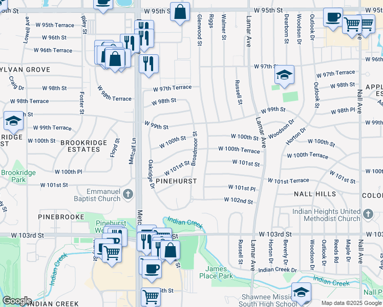 map of restaurants, bars, coffee shops, grocery stores, and more near 6807 West 100th Terrace in Overland Park