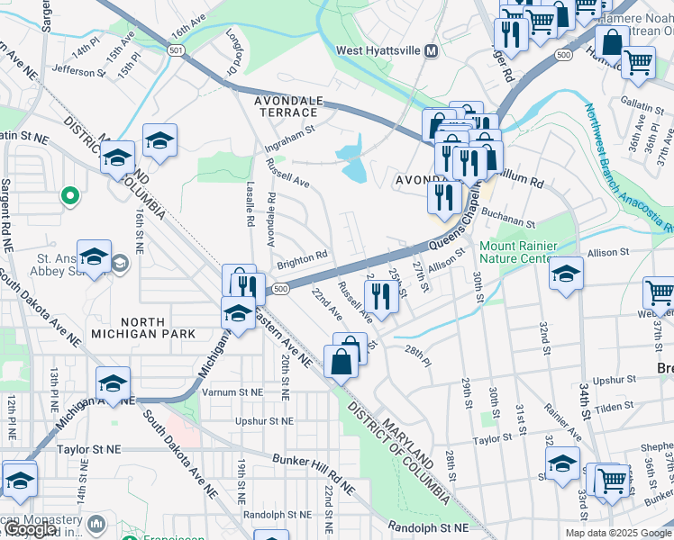 map of restaurants, bars, coffee shops, grocery stores, and more near 2300 Queens Chapel Road in Chillum