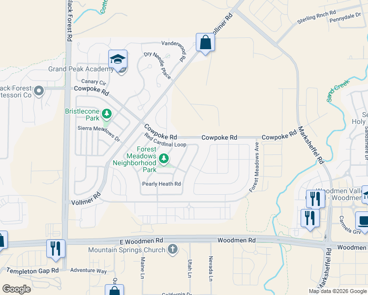 map of restaurants, bars, coffee shops, grocery stores, and more near 7984 Superior Hill Place in Colorado Springs