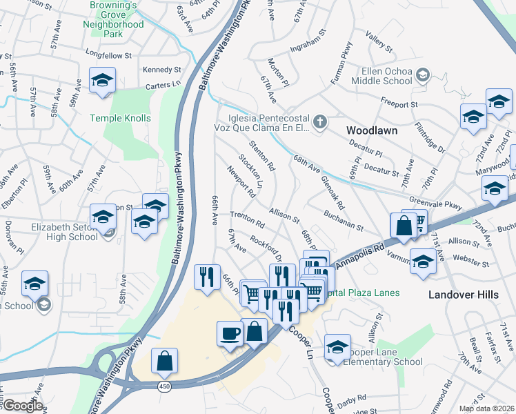 map of restaurants, bars, coffee shops, grocery stores, and more near 6713 Newport Road in Hyattsville