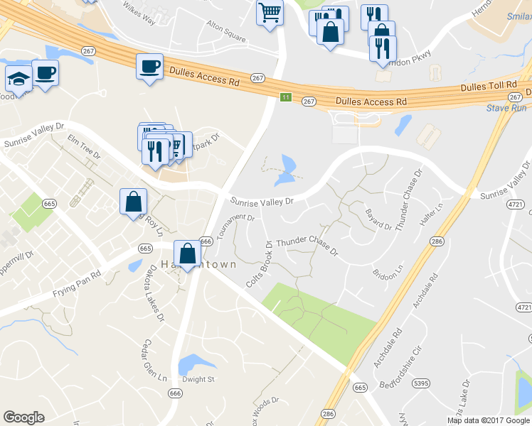 map of restaurants, bars, coffee shops, grocery stores, and more near 2303 Colts Brook Drive in Reston