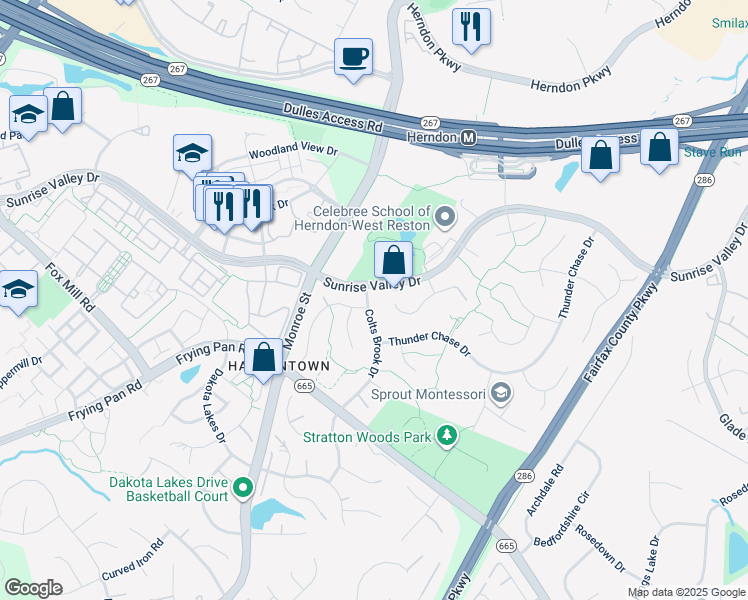 map of restaurants, bars, coffee shops, grocery stores, and more near 2303 Colts Brook Drive in Reston