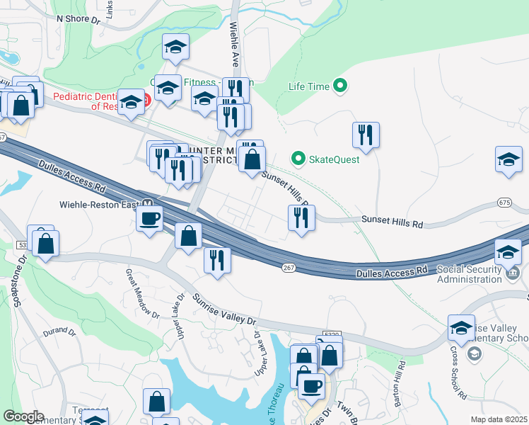 map of restaurants, bars, coffee shops, grocery stores, and more near 11201 Reston Station Boulevard in Reston