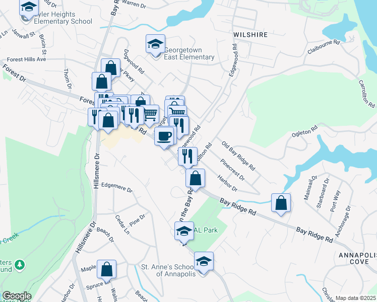 map of restaurants, bars, coffee shops, grocery stores, and more near 931 Edgewood Road in Annapolis