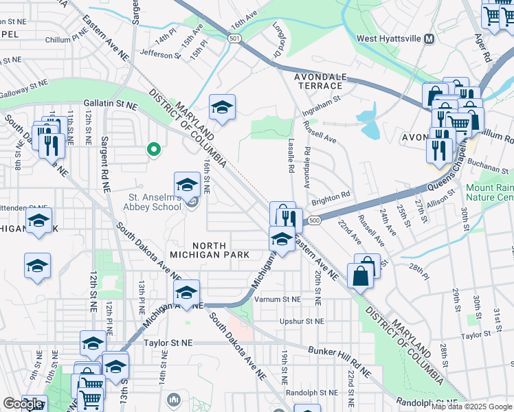 map of restaurants, bars, coffee shops, grocery stores, and more near 4764 Eastern Avenue Northeast in Washington