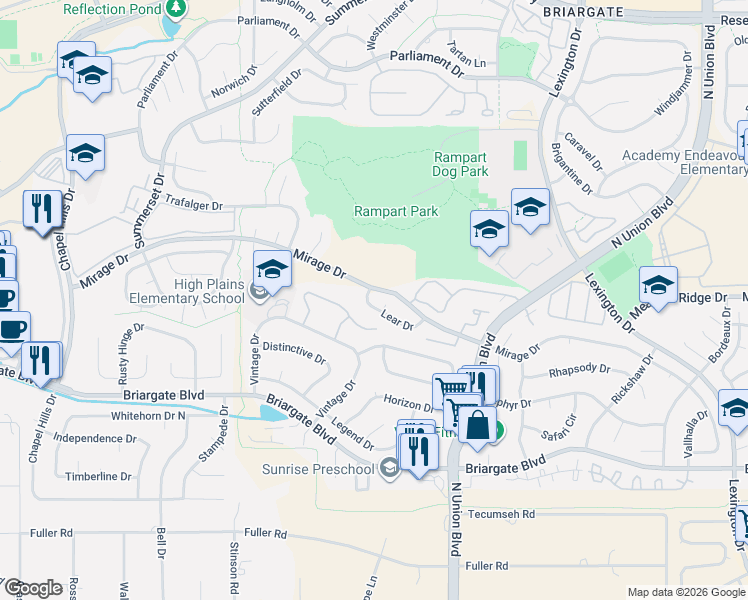map of restaurants, bars, coffee shops, grocery stores, and more near 7930 Bard Court in Colorado Springs
