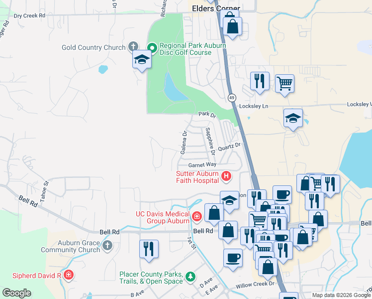 map of restaurants, bars, coffee shops, grocery stores, and more near 11493 Quartz Drive in Auburn