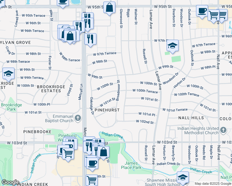 map of restaurants, bars, coffee shops, grocery stores, and more near 6807 West 100th Terrace in Overland Park
