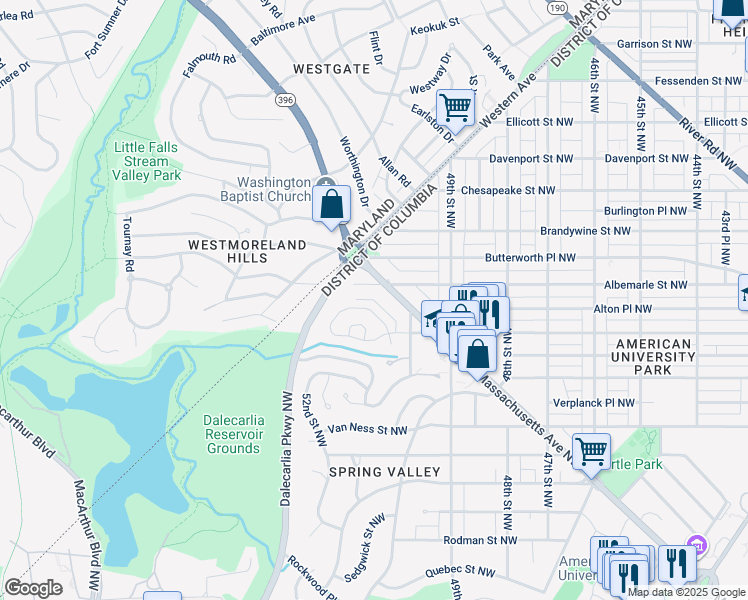 map of restaurants, bars, coffee shops, grocery stores, and more near 5036 50th Street Northwest in Washington
