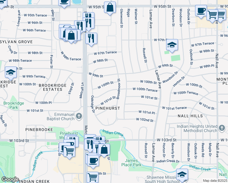map of restaurants, bars, coffee shops, grocery stores, and more near 6807 West 100th Terrace in Overland Park