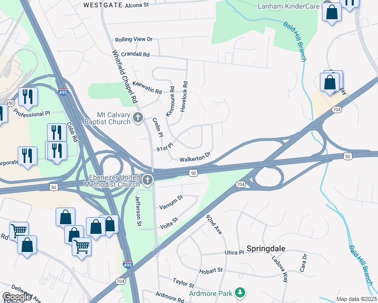 map of restaurants, bars, coffee shops, grocery stores, and more near 4224 Kinmount Road in Lanham