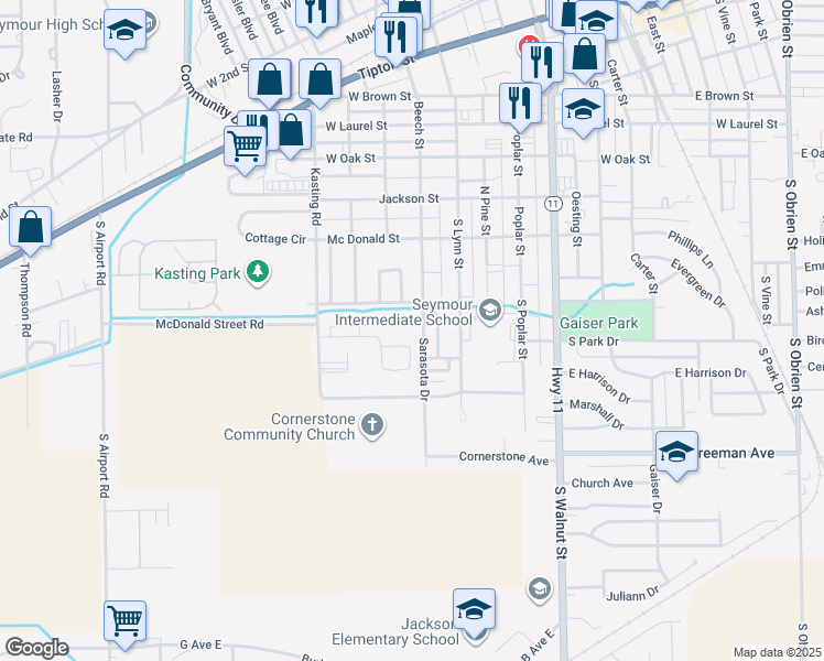 map of restaurants, bars, coffee shops, grocery stores, and more near 705 Pine Tree Court in Seymour