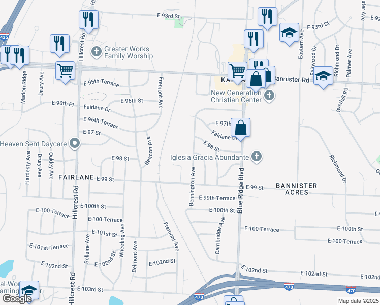 map of restaurants, bars, coffee shops, grocery stores, and more near 9801 Bennington Avenue in Kansas City