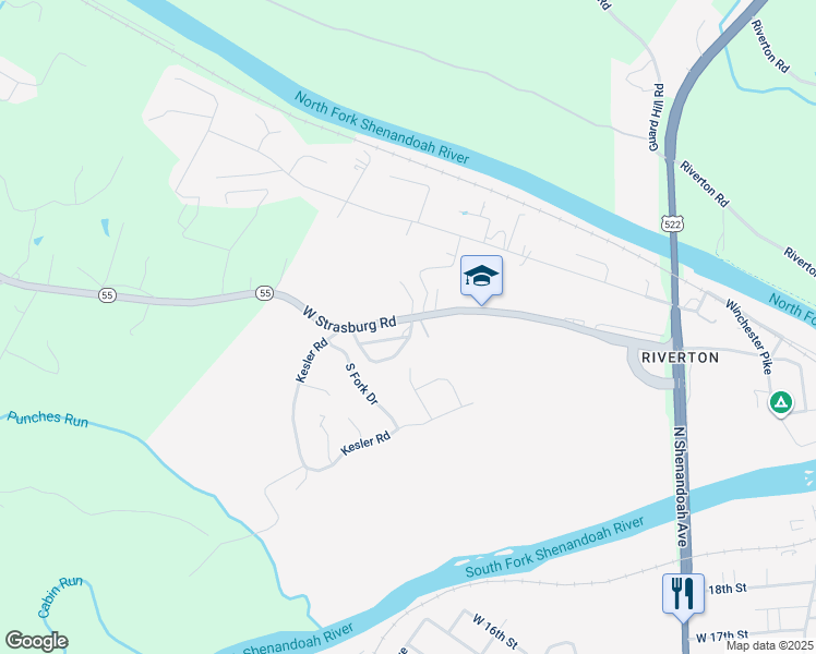 map of restaurants, bars, coffee shops, grocery stores, and more near 1275 Valley View Drive in Front Royal