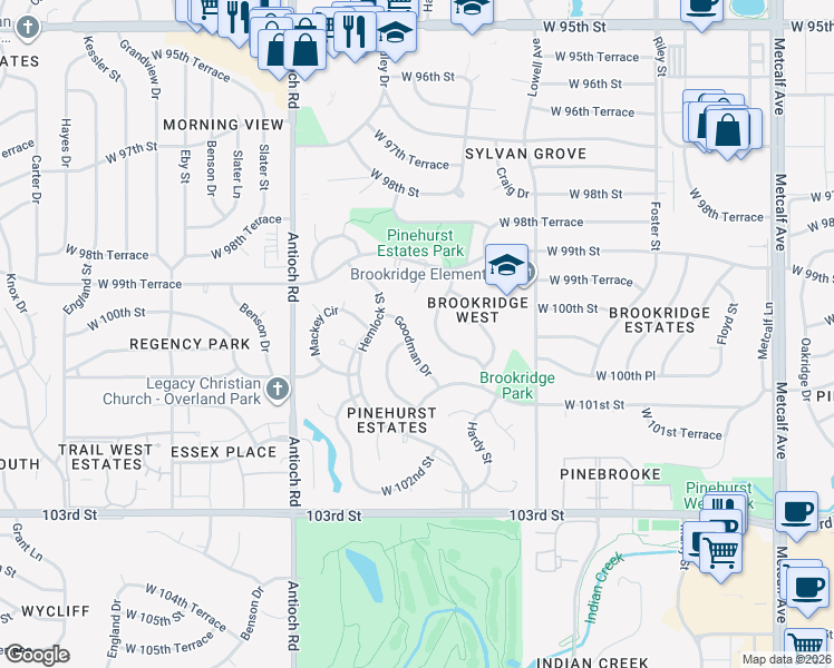 map of restaurants, bars, coffee shops, grocery stores, and more near 10059 Goodman Drive in Overland Park