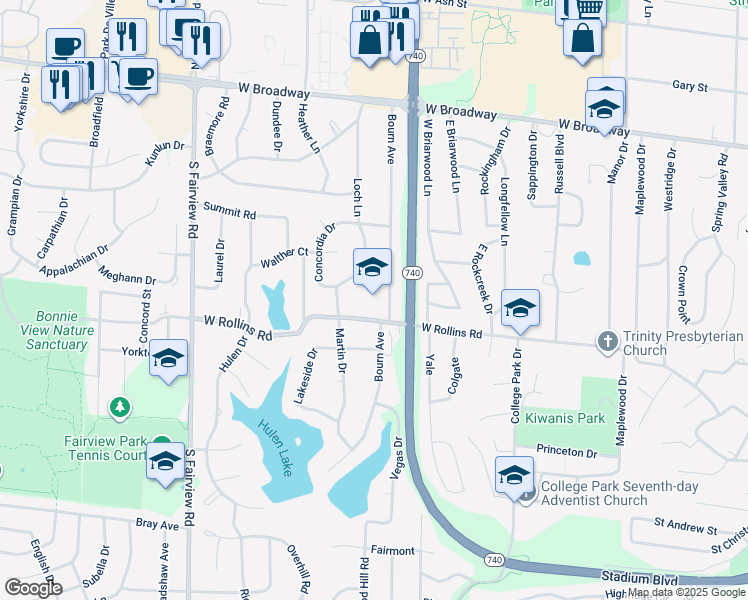 map of restaurants, bars, coffee shops, grocery stores, and more near 2201 Rollins Road in Columbia