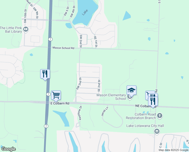 map of restaurants, bars, coffee shops, grocery stores, and more near 113 Southeast Sun Garden Street in Blue Springs