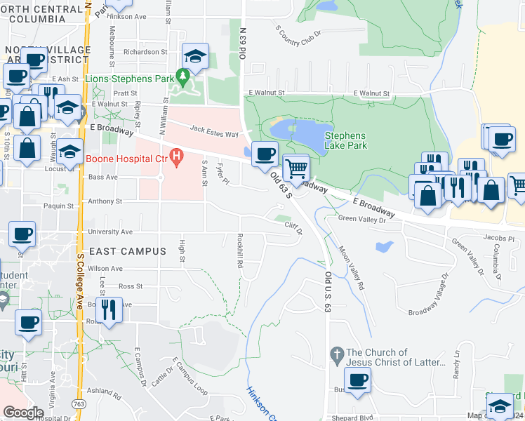 map of restaurants, bars, coffee shops, grocery stores, and more near 1809 Cliff Drive in Columbia