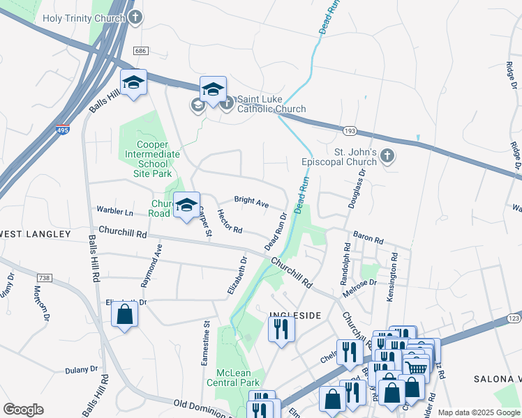 map of restaurants, bars, coffee shops, grocery stores, and more near 1100 Sharon Court in McLean