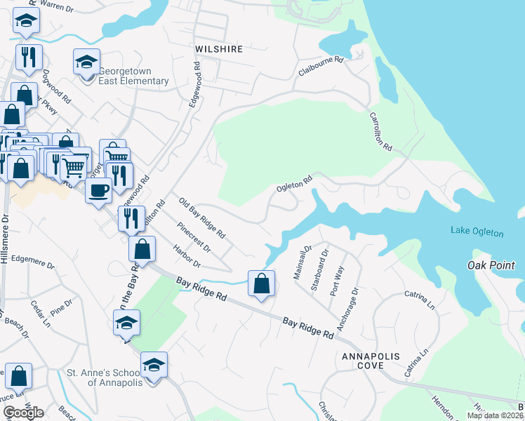 map of restaurants, bars, coffee shops, grocery stores, and more near 2653 Ogleton Road in Annapolis