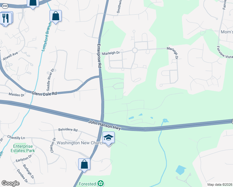 map of restaurants, bars, coffee shops, grocery stores, and more near 4203 Enterprise Road in Bowie