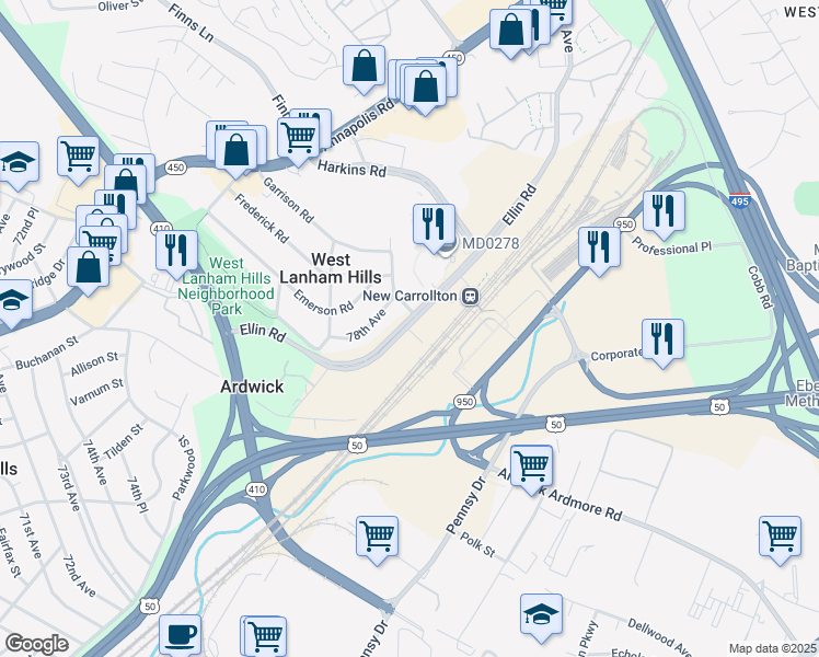 map of restaurants, bars, coffee shops, grocery stores, and more near 4915 Ellin Road in Hyattsville