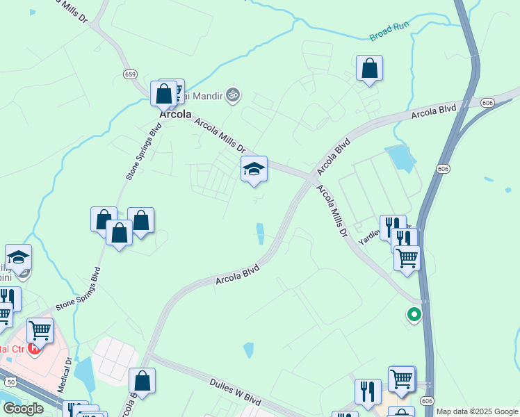 map of restaurants, bars, coffee shops, grocery stores, and more near 24837 Evergreen Mills Road in Sterling
