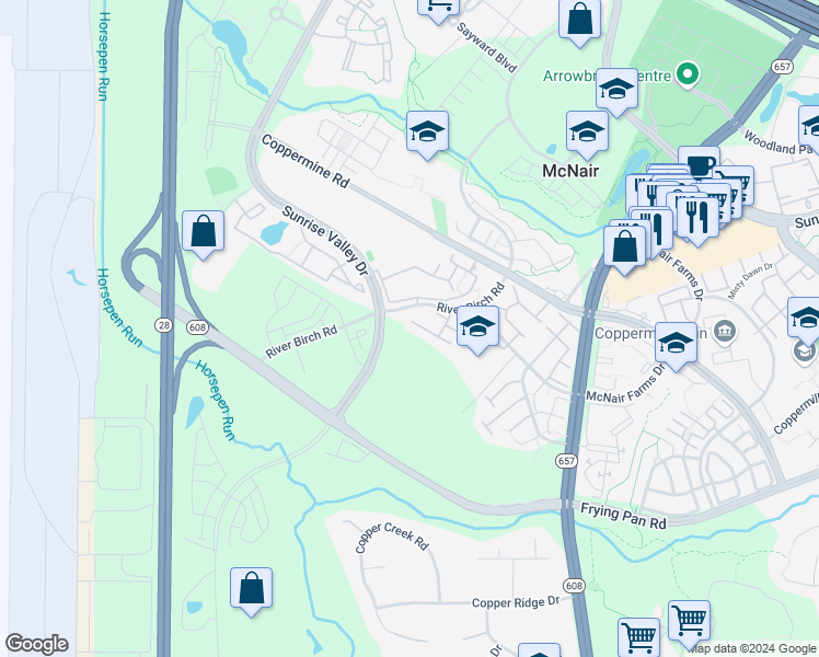 map of restaurants, bars, coffee shops, grocery stores, and more near 13691 St Johns Wood Pl in Herndon