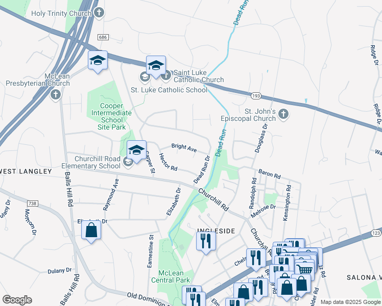 map of restaurants, bars, coffee shops, grocery stores, and more near 1100 Sharon Court in McLean