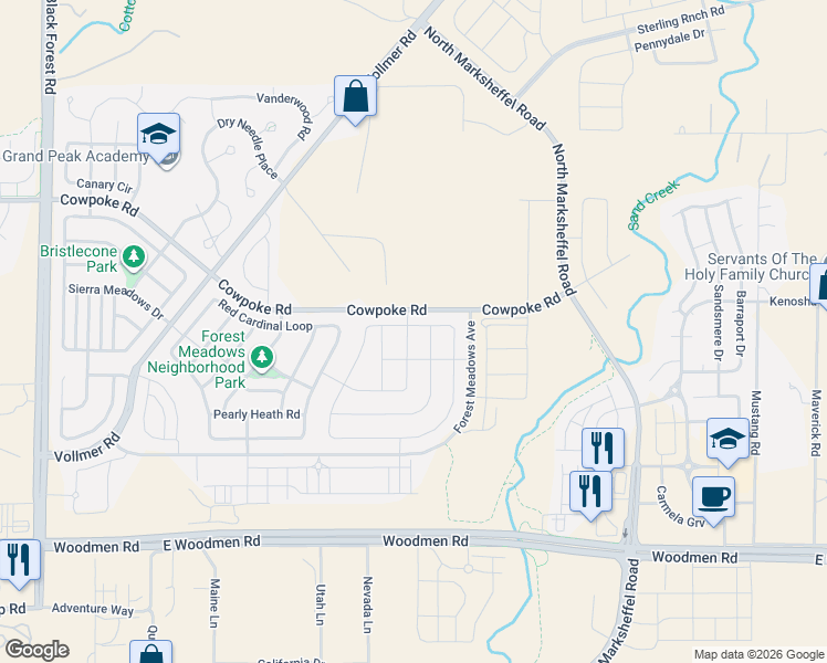 map of restaurants, bars, coffee shops, grocery stores, and more near 7983 Dry Willow Way in Colorado Springs