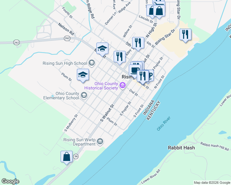 map of restaurants, bars, coffee shops, grocery stores, and more near 310 1st Street in Rising Sun
