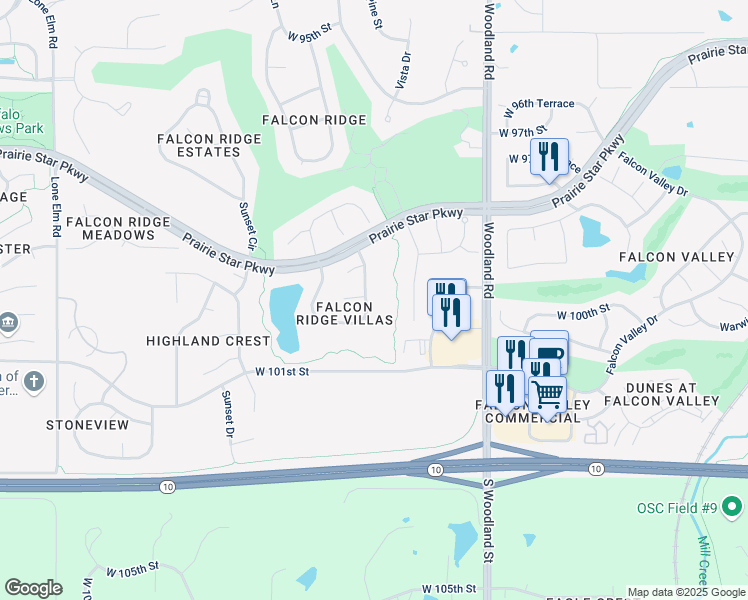 map of restaurants, bars, coffee shops, grocery stores, and more near 9915 Fountain Cir in Lenexa