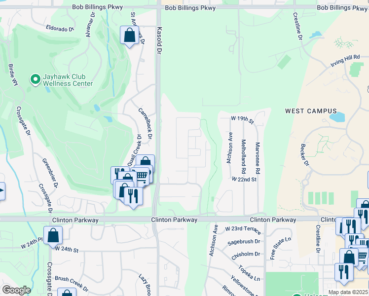 map of restaurants, bars, coffee shops, grocery stores, and more near 2013 Heatherwood Drive in Lawrence