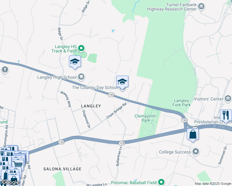 map of restaurants, bars, coffee shops, grocery stores, and more near 6424 Georgetown Pike in McLean