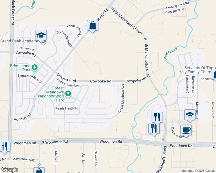 map of restaurants, bars, coffee shops, grocery stores, and more near 7983 Dry Willow Way in Colorado Springs