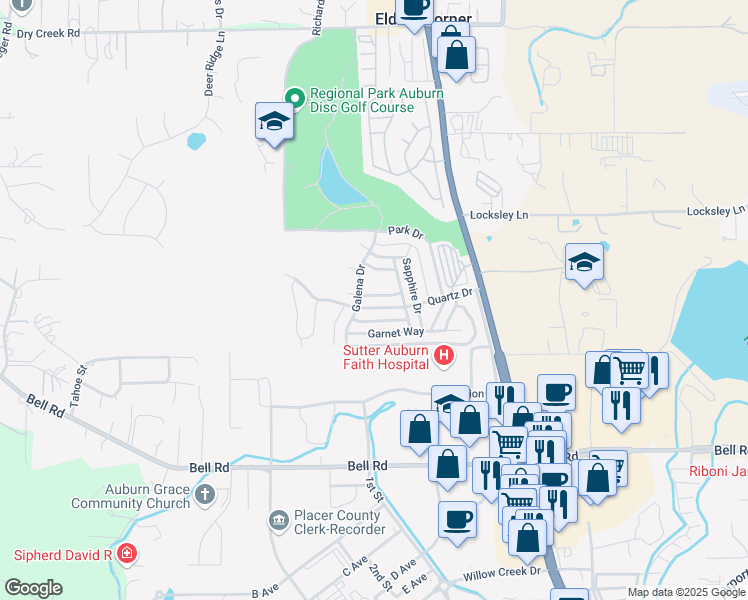 map of restaurants, bars, coffee shops, grocery stores, and more near 11513 Quartz Drive in Auburn