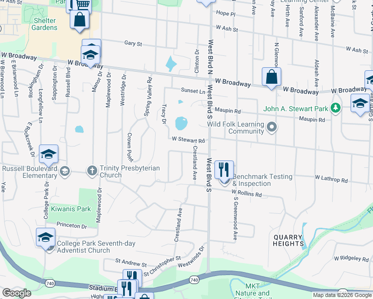 map of restaurants, bars, coffee shops, grocery stores, and more near 1107 Ridge Road in Columbia