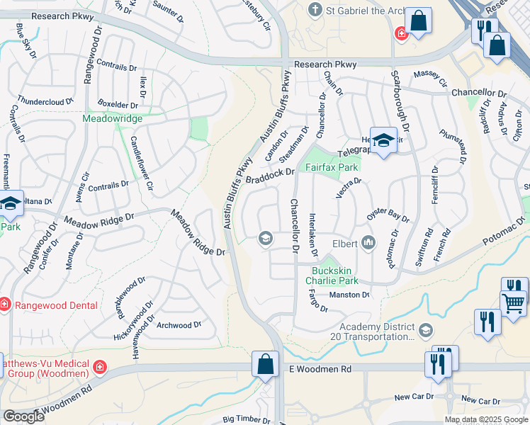 map of restaurants, bars, coffee shops, grocery stores, and more near 8010 Sangor Drive in Colorado Springs