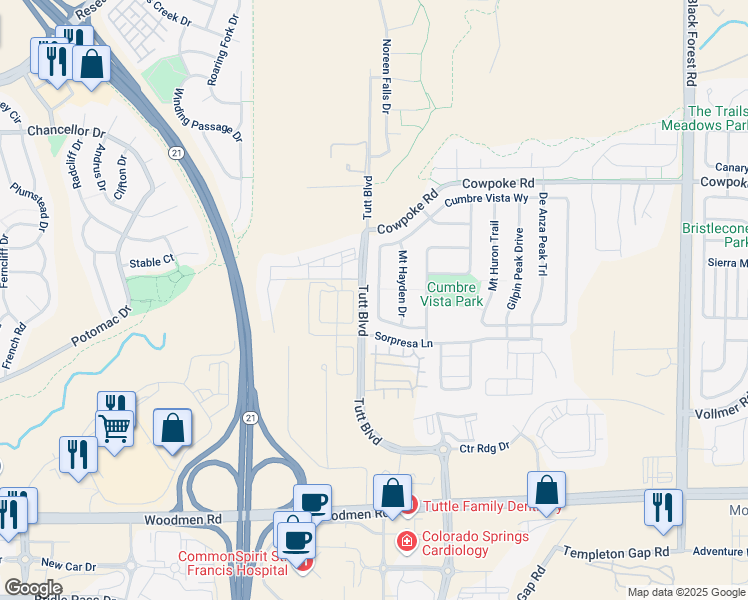 map of restaurants, bars, coffee shops, grocery stores, and more near 5948 Cumbre Vista Way in Colorado Springs