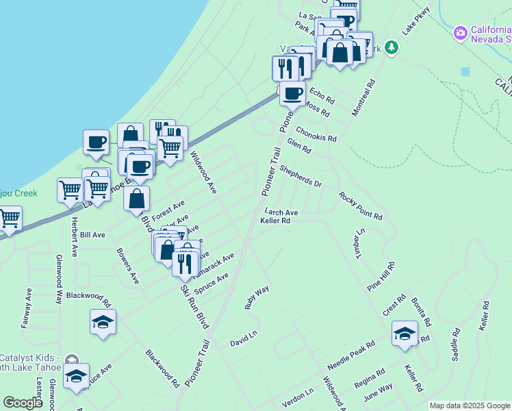 map of restaurants, bars, coffee shops, grocery stores, and more near 3763 Pioneer Trail in South Lake Tahoe