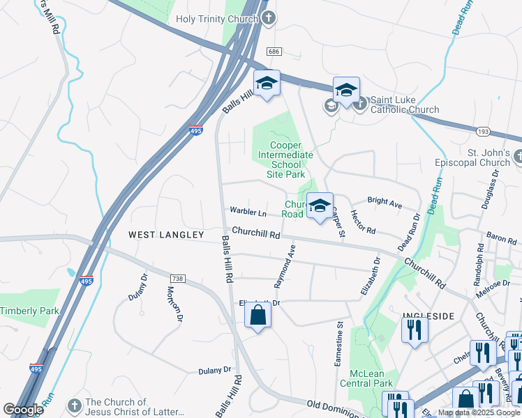 map of restaurants, bars, coffee shops, grocery stores, and more near 1046 Warbler Place in McLean