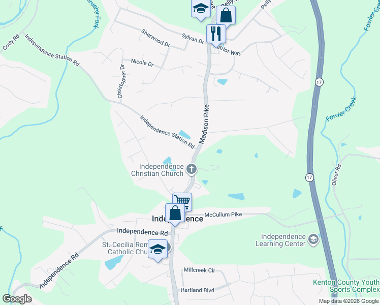 map of restaurants, bars, coffee shops, grocery stores, and more near 5205 Madison Pike in Independence