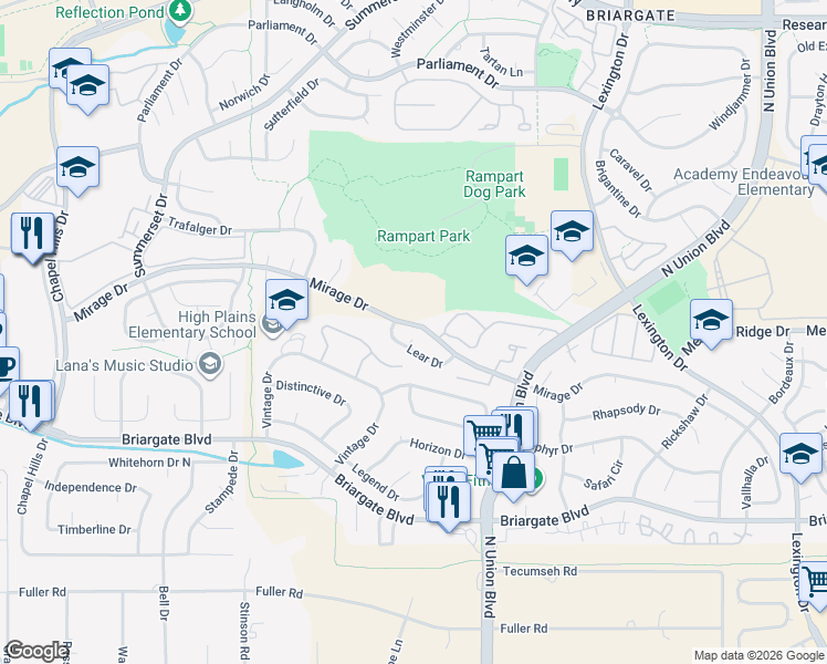 map of restaurants, bars, coffee shops, grocery stores, and more near 7930 Bard Court in Colorado Springs