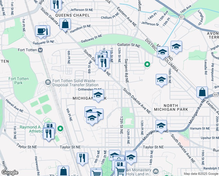 map of restaurants, bars, coffee shops, grocery stores, and more near 1006 Crittenden Street Northeast in Washington