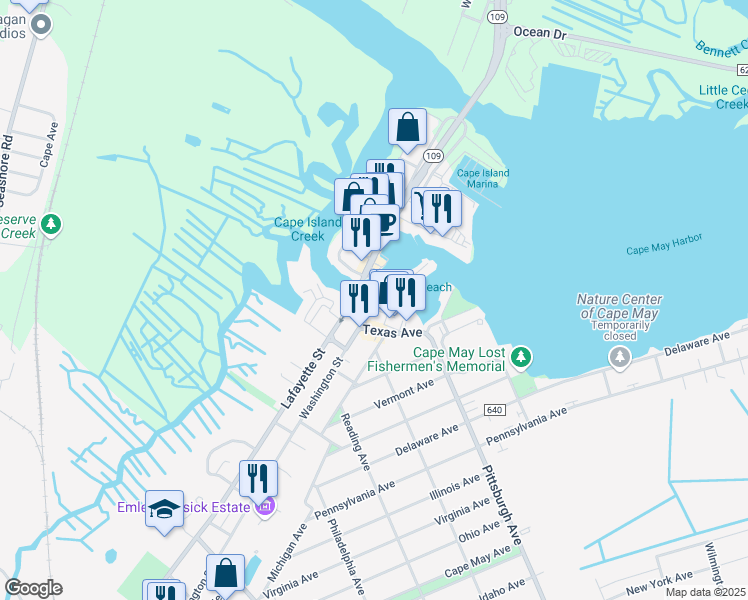 map of restaurants, bars, coffee shops, grocery stores, and more near 1484 Washington Street in Cape May
