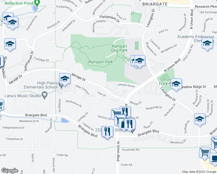 map of restaurants, bars, coffee shops, grocery stores, and more near 2606 Thrush Grove in Colorado Springs