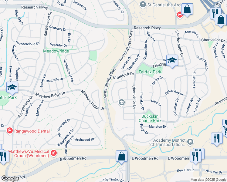 map of restaurants, bars, coffee shops, grocery stores, and more near 8165 Camfield Circle in Colorado Springs