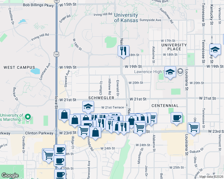 map of restaurants, bars, coffee shops, grocery stores, and more near 2019 Hillview Road in Lawrence