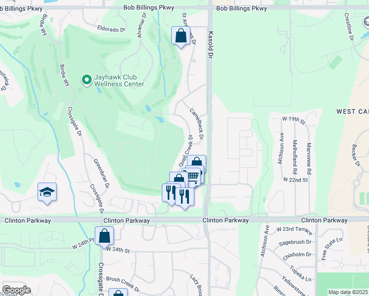 map of restaurants, bars, coffee shops, grocery stores, and more near 2105 Quail Creek Drive in Lawrence